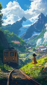 Girl watches mountain train enter lush alpine village valley