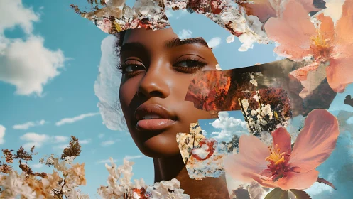 Surreal floral portrait merges sky, blossoms and quiet strength
