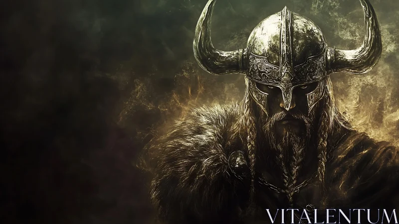 Storm-lit horned warrior stands ready in swirling golden smoke