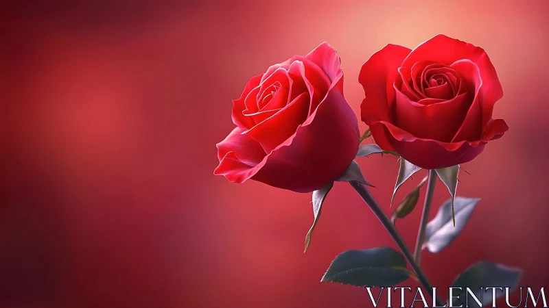 Two Red Roses Against Soft Pink Gradient Background