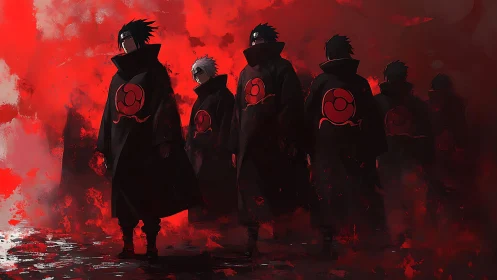 Uchiha-cloaked figures stride through abstract crimson haze