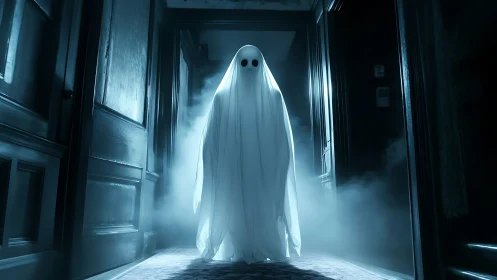Soft-sheeted specter strolls a moonlit haunted hallway.
