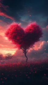 Heart-Shaped Tree at Sunset with Falling Petals.