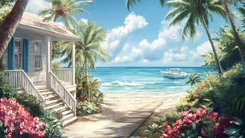 Photorealistic Coastal Cottage with Turquoise Waters and Tropical Vegetation