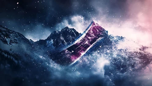 Cosmic mountain peak glowing through swirling winter clouds.
