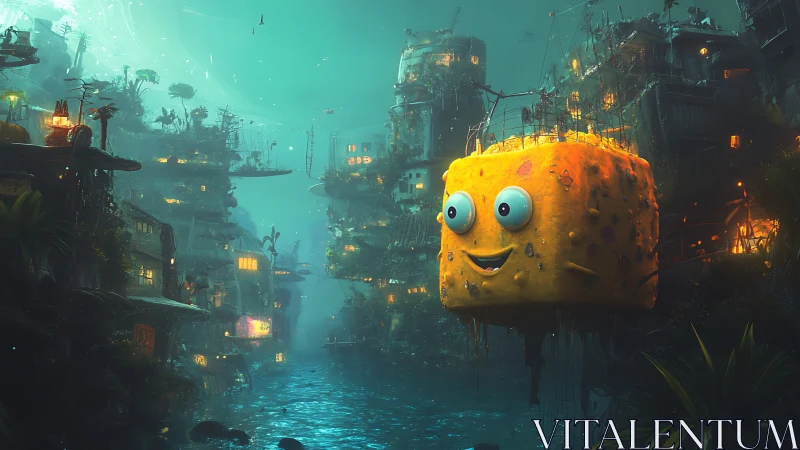 Cheerful cube spirit drifting through neon swamp cityscape.