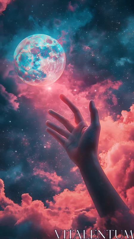 Reaching hand toward neon moon in radiant cosmic clouds.