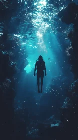 Digital painting of lone diver in vertical blue light shaft.