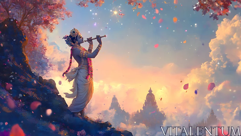 Divine flute player on cliff at dreamy sunset sky