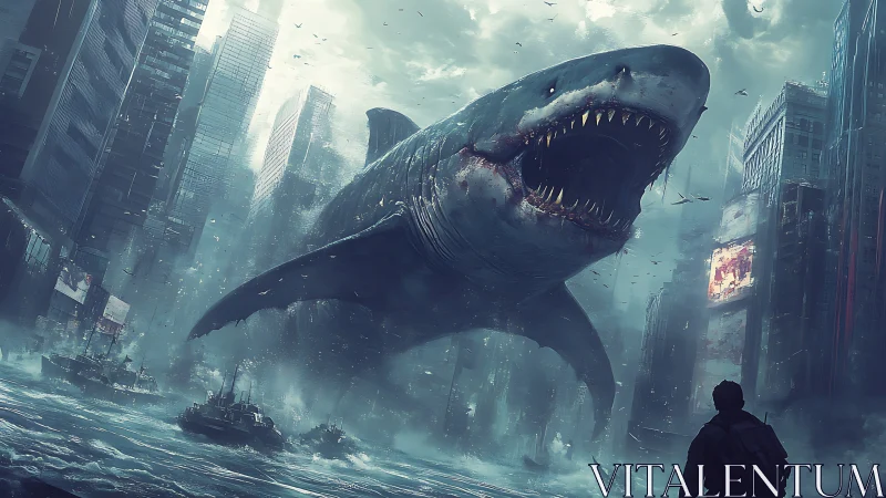 Colossal shark storms flooded city canyon in teal haze.