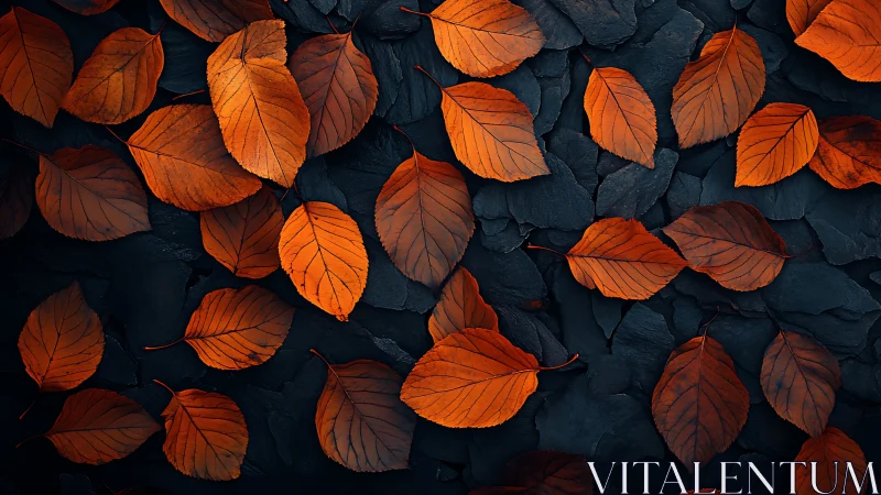 Autumn leaves form warm orange pattern over dark slate