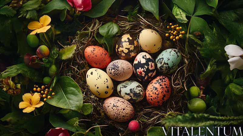 Speckled eggs rest in a lush nest of spring greenery.