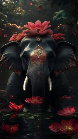 Ornate elephant in lotus pond under mystical forest light.