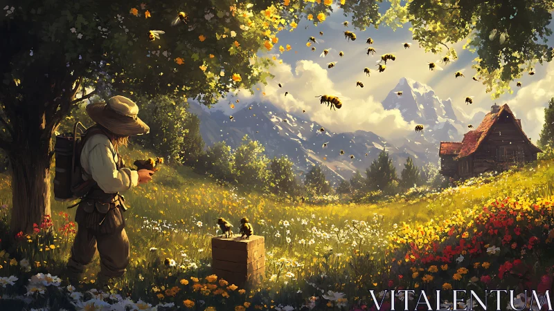 Sunlit mountain apiary with beekeeper in blooming meadow.