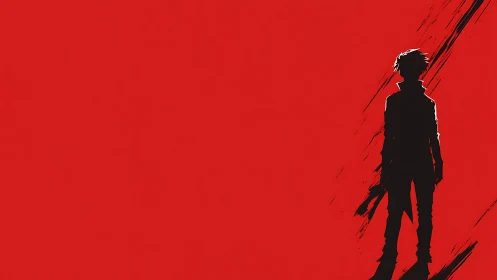 Silhouetted figure on red field with diagonal black streaks.