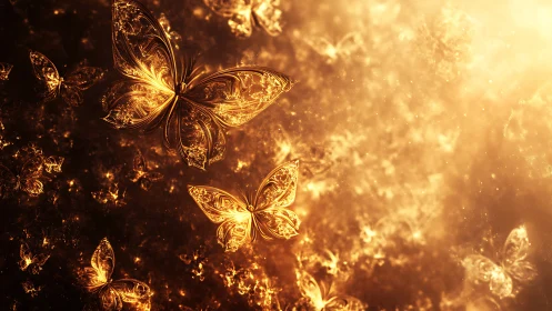Luminous golden butterflies drift through radiant fractal haze.