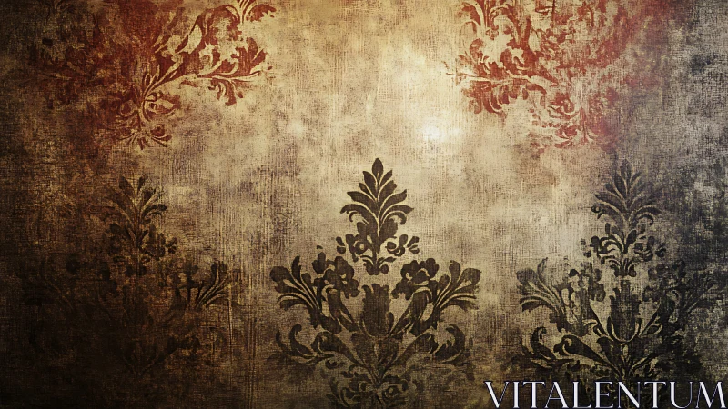Aged damask wall texture with grunge patina and muted warm lighting