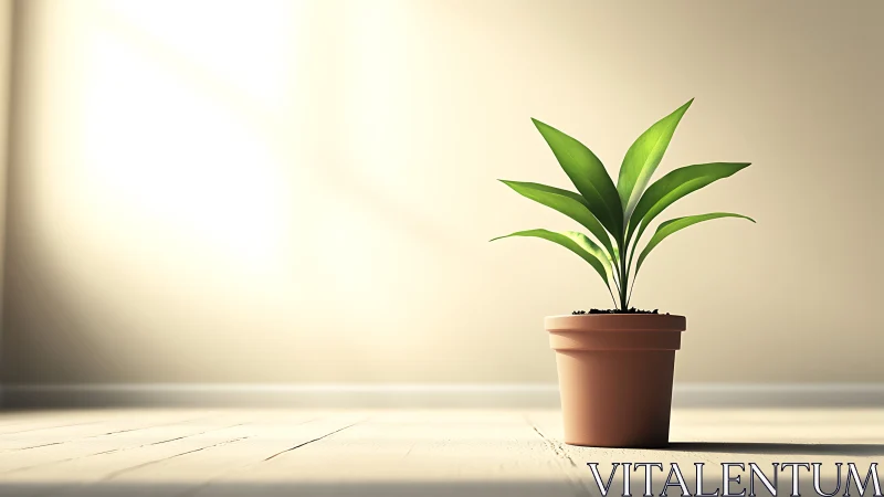 Sunlit potted plant on minimal wooden floor in studio.