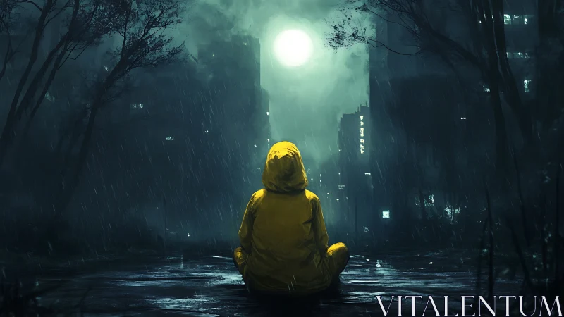 Solitary figure in yellow raincoat under moonlit urban rain.
