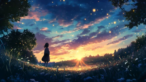 Anime dusk meadow with girl watching glowing firefly sky.
