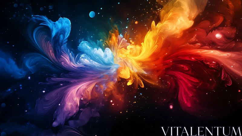 Vibrant swirling nebula of blue, yellow, and red colors.