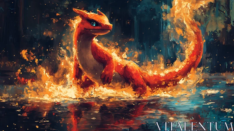Fiery lizard creature strides through blazing reflective water.
