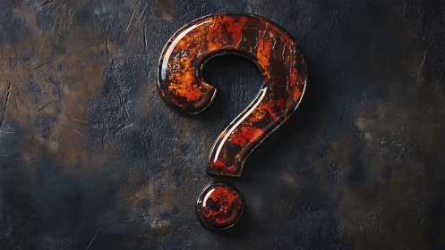 Rust textured question mark rendered on dark rough wall