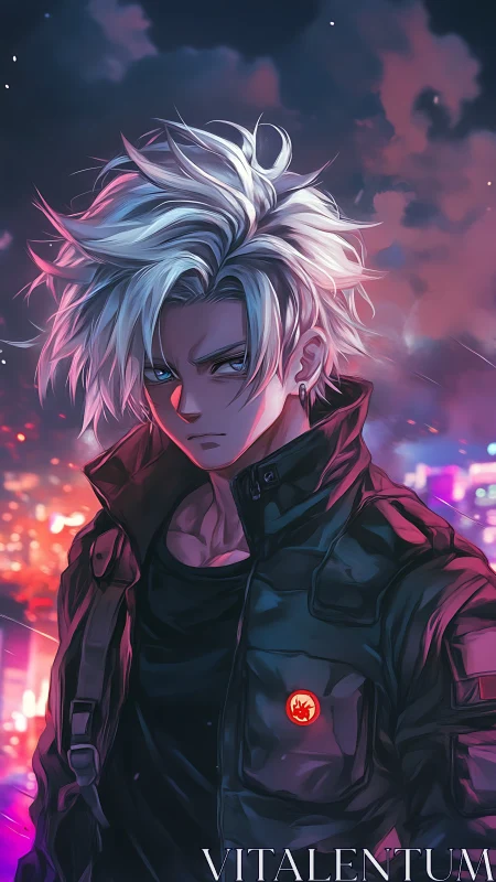 White-haired urban antihero rendered in neon anime chiaroscuro