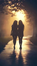 Two figures silhouetted against bright pathway through tree-lined avenue.