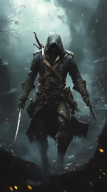 Hooded rogue advances through stormlit ruins in cinematic chiaroscuro