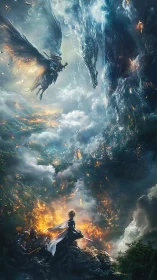 Soaring angel and lone hero meet a blazing sky of dragons