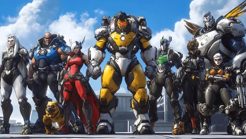 Lineup of armored sci‑fi characters stands on urban platform