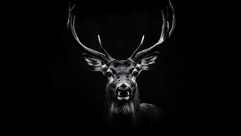Stag stands isolated in high contrast black background portrait