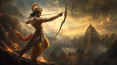 Mythic archer draws a blazing vow across stormlit kingdom sky