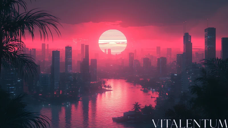 Neon pink sunset over futuristic tropical waterfront city.