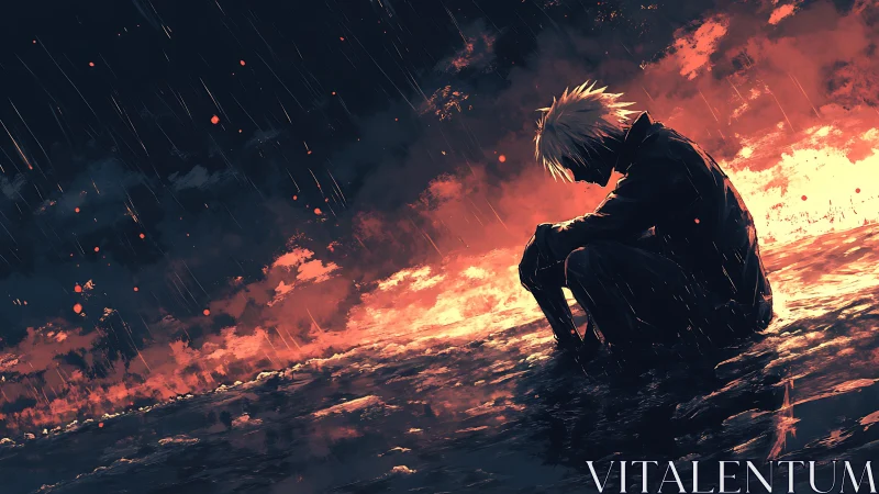 Rainlit loner at the edge of an ember drenched world.