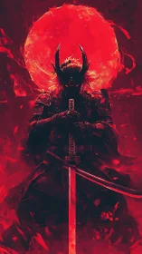 Bloodred moon crowns a silent samurai forged in shadow