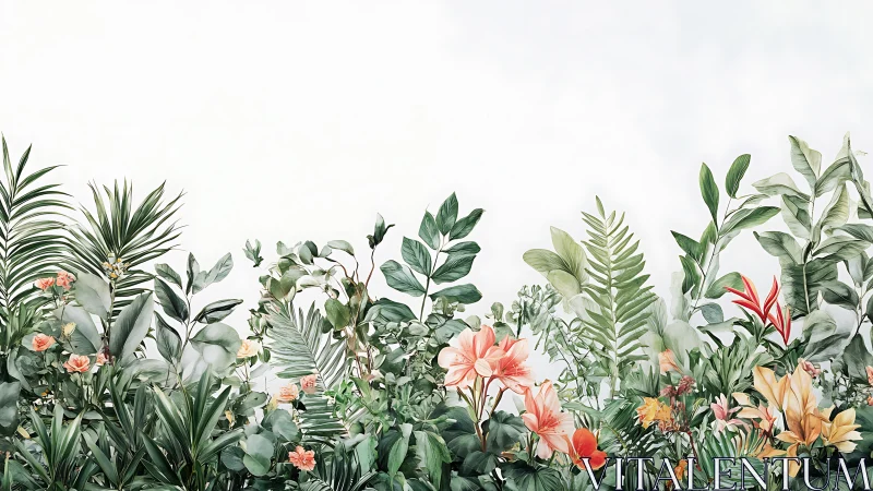 Dense mixed-species foliage forms a horizontal floral band