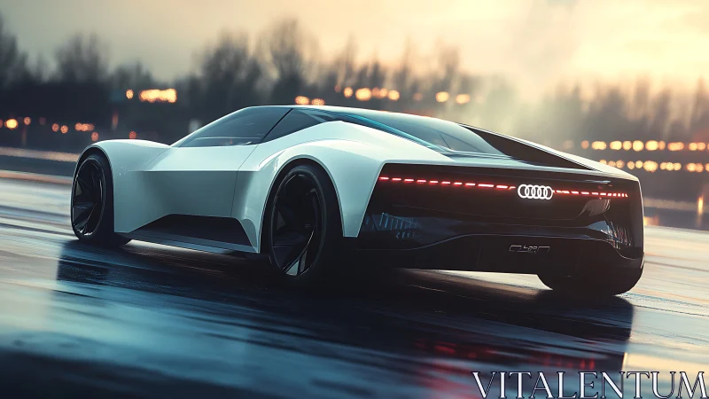 Sleek white Audi concept car gliding along a glowing wet road.