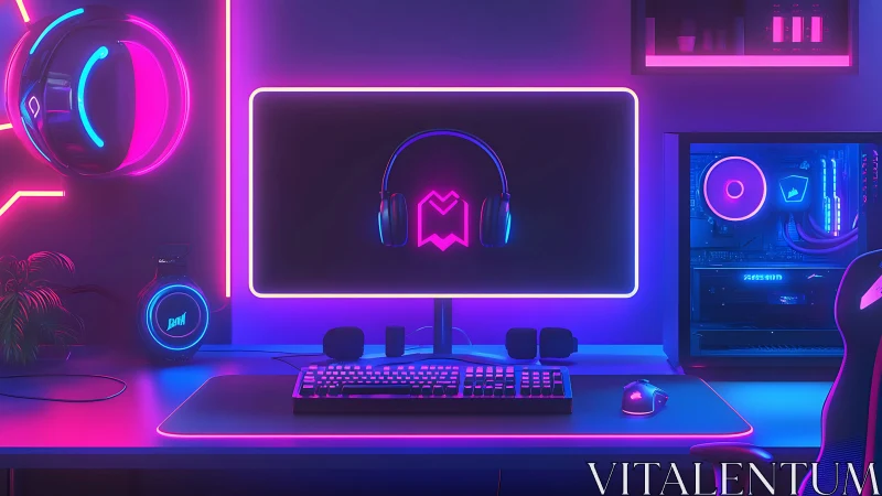 Cozy neon gaming desk glowing with vibrant color and life.