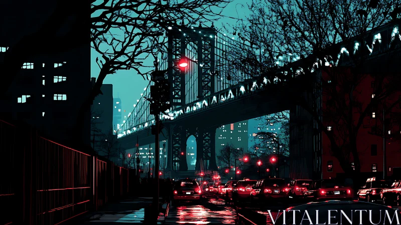 Urban bridge and traffic corridor under teal night lighting.