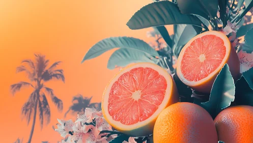 Sunset citrus chorus under dreamy neon tropic sky.