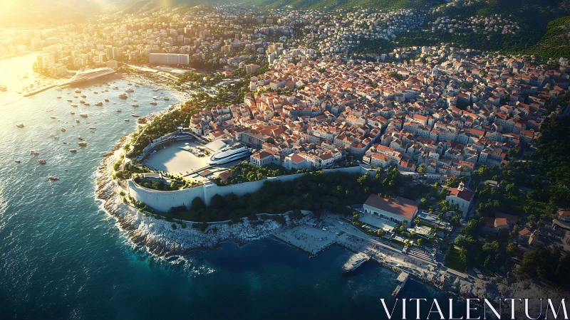 Sunlit coastal town and harbor embraced by sparkling sea.