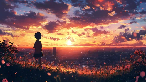 Solitary child watches a glowing sunset above the quiet city