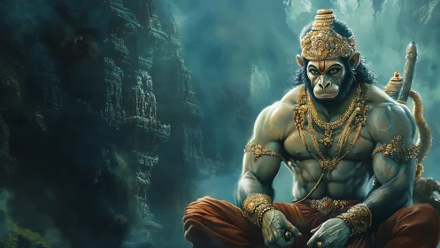 Mythic simian guardian broods in emerald mountain mists.