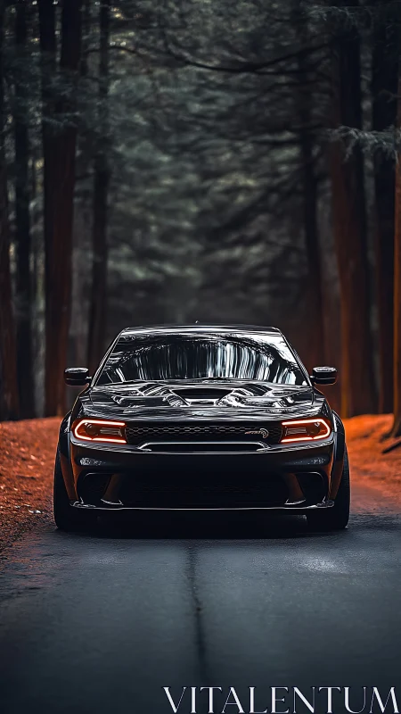 Black sports sedan on forest road with orange leaf bed.