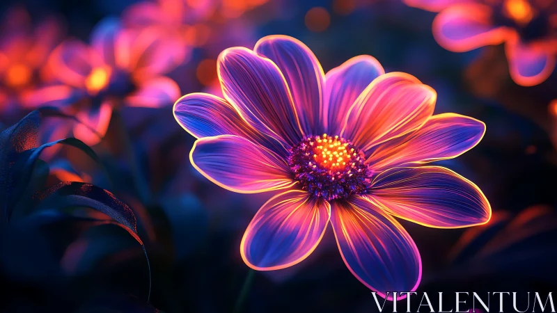 Neon-lit macro flower rendered with high-glow bokeh depth mapping