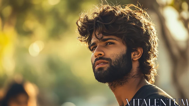 Backlit outdoor portrait of pensive bearded young man at dusk