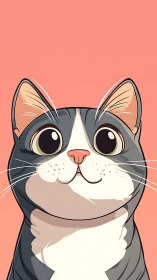 Smiling Gray and White Cat Portrait with Salmon Background.