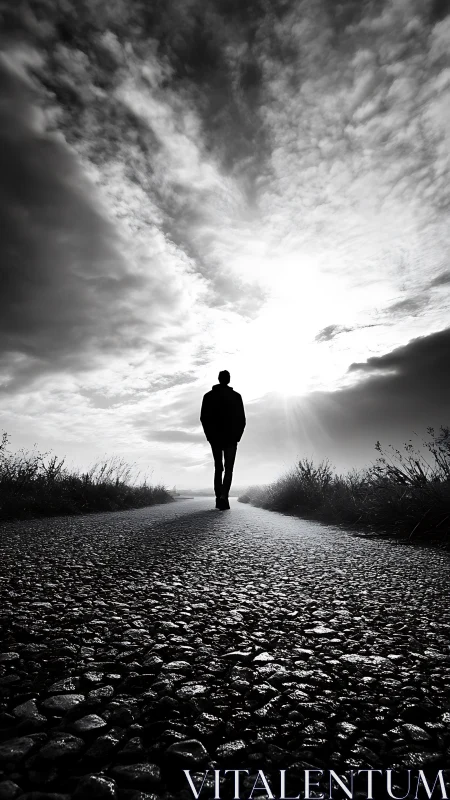 Solitary road walk toward a quiet sunlit horizon.